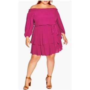 City Chic Fuschia Bettina Off the Shoulder Tiered Tie Belt Mini Dress, 18W NWOT